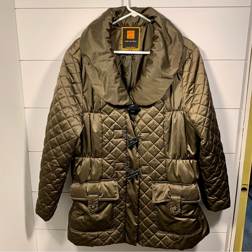 Lady Von Hart Puffer Jacket Coat Women Sz XL 1X Olive Army Green‎ Toggle Buttons